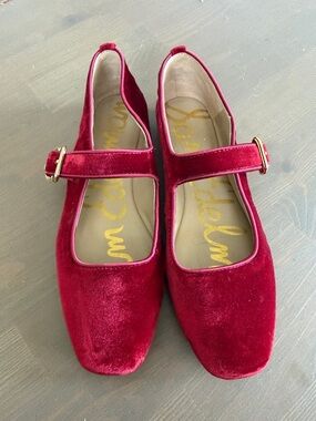 Sam Edelman Burgundy Velvet Mary Jane Flats with Gold Buckles